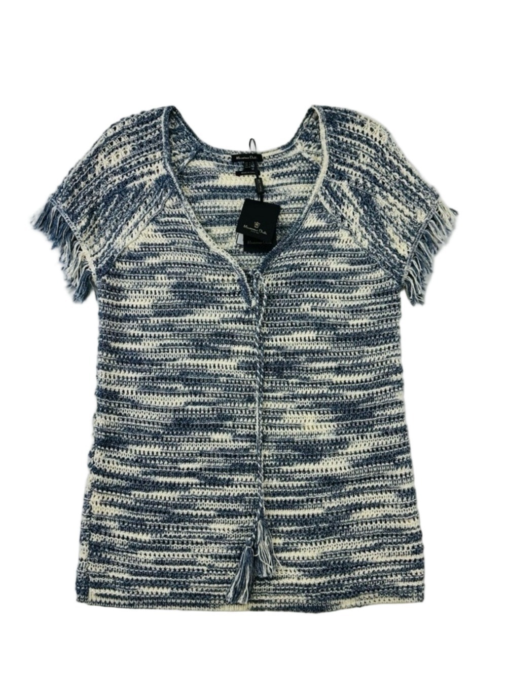 Massimo Dutti NWT navy cream fringe crochet Vneck short sleeve knit top Small